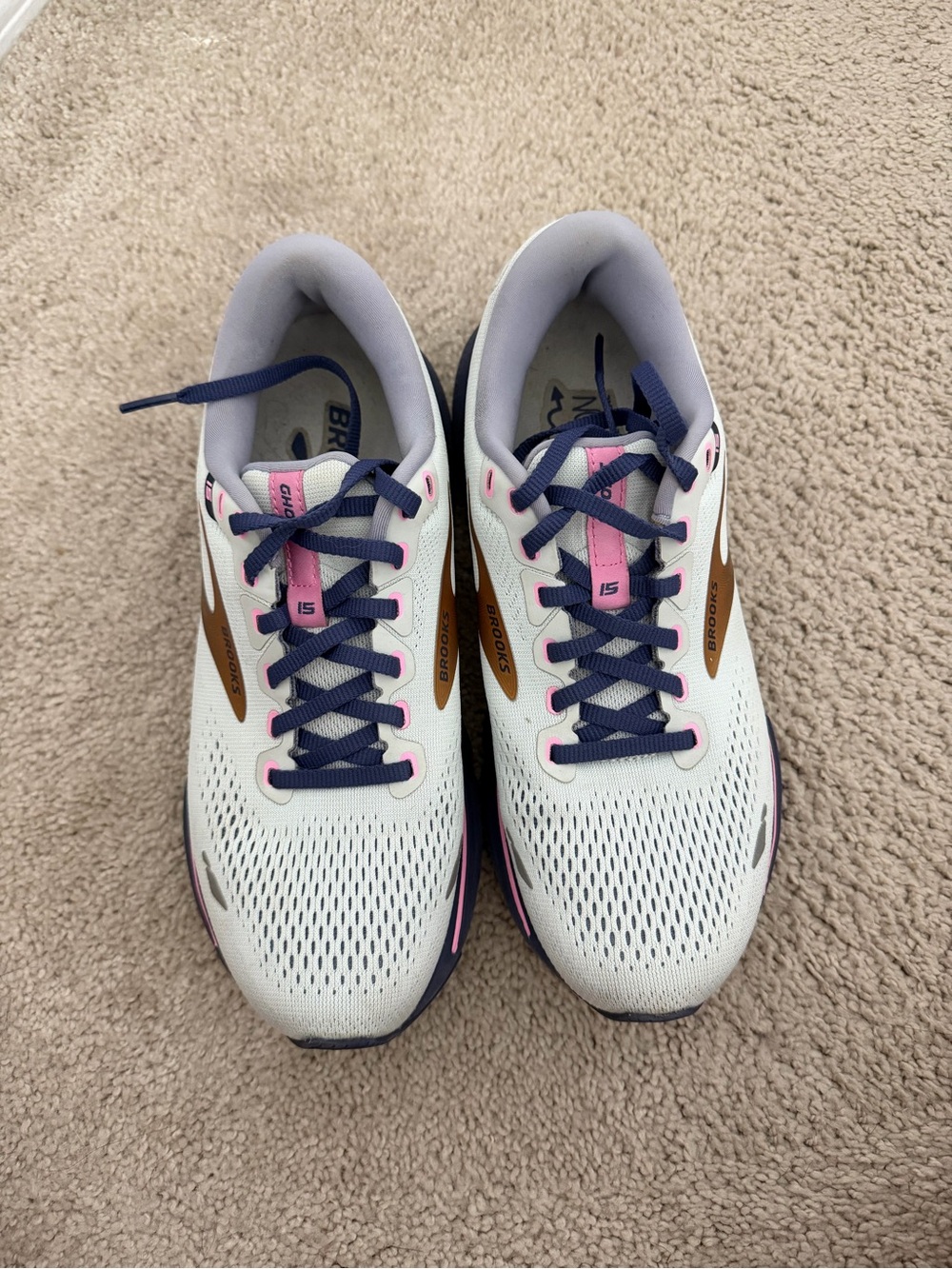 Brooks White Athletic Running Shoes with Brown, Navy & Pink Accents